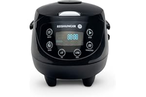 Reishunger Cyfrowy mini ryżowar i parowar w kolorze czarnym - Funkcja utrzymywania ciepła, minutnik & garnek premium - mały multicooker, 8 programów, 7-fazowa technologia gotowania, 1-3 osoby