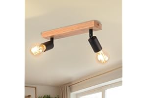 LVWIT Faretti LED da Soffitto Orientabili Nero, Faretto da Interno con 2 Lampadine LED E27, Base di Legno, Faretti Soffitto Retrò per Barra, Salotto,Cameretta, Cucina (Lampadine Escluse)