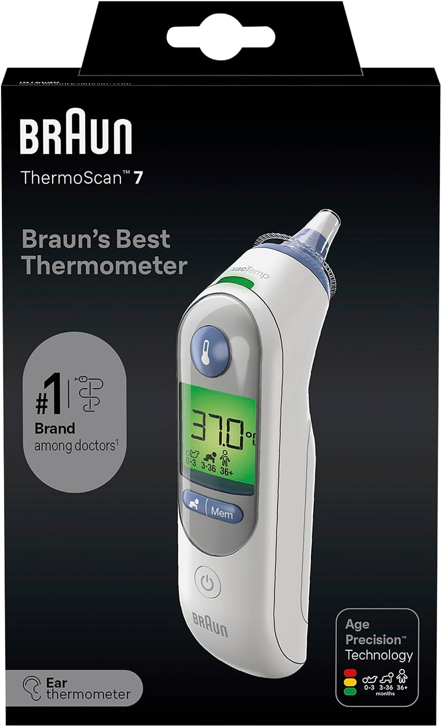 Braun ThermoScan 7 Thermomètre auriculaire | Technologie Age Precision | Affichage numérique avec code couleur | Convient aux bébés et aux enfants | Marque n°1 auprès des médecins1