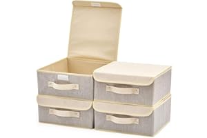 EZOWare 4 pcs Cajas de Almacenaje, Cubo Decorativa de Tela Plegable Resistente con Tapa para Habitación de Bebé, Closet, Dormitorio, Estanterías y Mas - 26.7 x 26.7 x 12.8 cm, Gris y Beige