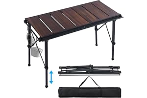 CHANGE MOORE IGT Folding 6kg Outdoor Folding Table Acacia Wood Tabletop, 3 Side Pipes Adjustable Aluminum Table Leg, Portable Aluminum Alloy Table For Picnics, Barbecues, Camping, Fishing