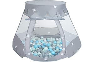 Selonis Play Tent 105X90cm/200 Balls Castle House Pop Up Ballpit Plastic Balls For Kids, Grey:Pearl-Grey-Transparent-Babyblue-Mint