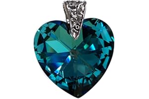 Black Moon® Sterling Silver Filigree with Bermuda Turquoise Dark Blue-Black Mix Crystal Heart Pendant Only for Necklace