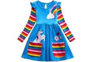 SFREEBO Little Girls Dresses Rainbow Long Sleeve/Sleeveless Dress Girls Cotton Pocket T-Shirt Dress Kids Winter/Summer Stripe Dress with Unicorn Flowers Print 3-8 Years