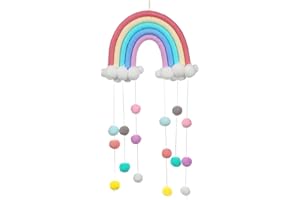 WINOMO Lettino mobile in legno per neonati, con nuvole e gocce di pioggia, macramè, arcobaleno, nappe bohémien, decorazione da parete per la cameretta dei bambini