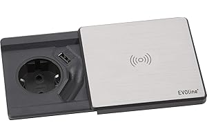 Schulte 1592 7000 3600 EVOline Square 80 Schuko avec Chargeur USB QI en Acier Inoxydable