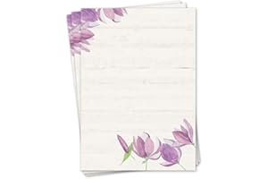 YOUNIKAT Set di carta da lettere motivo tulipano I 50 fogli 90 g/m² DIN A4 I carta da lettere elegante versatile viola beige I certificato di compleanno menu I dv018
