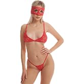 Mimmi Love Lace Fancy Underwear Set, 3 Piece Bra Panty Mask, Black/Red/White