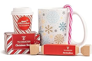 TILZ COLLECTION Hot Chocolate Gift Set With Mug - Hot Chocolate Set With Hot Chocolate Sachets - Mini Marshmallows, Candy Canes, Travel Cup -Gifts for Women, Mens Gifts -Vegan Chocolate Gift Set (WITH SOCKS)