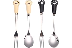 SKJAXF Dog Food Fork, Cat Spoon, 4-Piece Cute Cat Paw Spoon and Fork Set for Dogs and Cats, Includes 2 Spoons and 2 Forks in Beige and Black, Perfect for Feeding Wet and Dry Pet Food