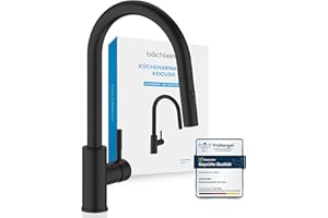 Bächlein Küchenarmatur Kocuso – 360 Grad schwenkbar (matt schwarz) – Einhand-Spültischbatterie aus Edelstahl mit ausziehbarem Schlauch und Brause mit Umschalt-Taste, Wasserhahn für die Küche