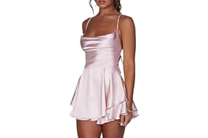 Acrawnni Women Satin Backless Mini Romper Dress Cowl Neck Tie Ruffle Layer Spaghetti Strap Cami Playsuits Jumpsuit Mini Dress with Shorts