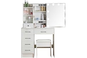 LIANWANG IANWANG Tocador con taburete, tocador con iluminación, 3 colores de brillo ajustable, mesa cosmética con espejo para maquillaje, 1 taburete y 6 cajones, moderno