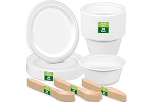HOMURG Einweggeschirr Set mit Pappteller und Pappschüssel und Besteckset für 30 Personen, Essteller + Schüssel + Holzbesteck Set Einweg 150 Stück, Geschirrset und Tellerset mit Papierschalen für Party