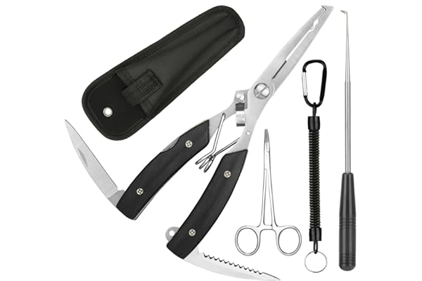 Annyswit 3 Pcs Ensemble de Pince à Pêche Portable avec Lanière & Forceps Courbés & Outil de Désinsertion & Étui Outils Multi Fonction Pince de Pêche Retire-Hameçons Coupe-Ligne
