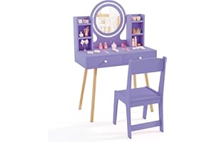 COSTWAY Kids Dressing Table, Girls Vanity Set with Stool, 2-Color LED Lights Mirror, Drawers, Storage Shelves, Make Up Pretend Dresser Desk Chair Set (Purple)