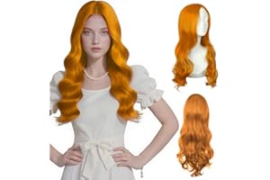 AUYAO Long Wave Wig for Women Synthetic Fiber Long Wavy Hair Wig Middle Part with No Bangs Curly Hair Wigs Fancy Dress Synthetic Hair for Party Costume Anime Halloween Christmas Carnival(Orange)