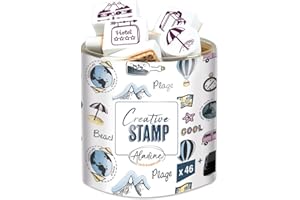 Aladine - 46 Tampons Voyage avec Encreur Noir - Pour Personnaliser Carnets de Voyage, Albums, Cartes Postales - Scrapbooking, Bullet Journal, Vacances, Travel - Creative Stamp - 03746