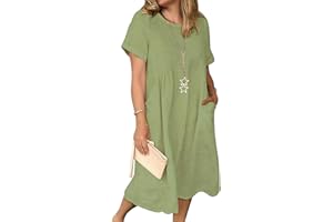 TINCINI Letnia sukienka damska, lniana sukienka na co dzień, dekolt w serek, sukienka midi, krótki rękaw, linia A, sukienka plażowa, bez akcesoriów