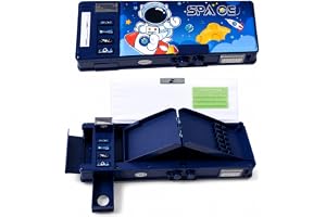 Parshya Astronaut Laser Space Pencil Box with 2-Digit Password Lock for Boys; Multi-Functional Jumbo Compass Box with Pop-up Sharpener, Dual Side Compartments & Built-in Calendar