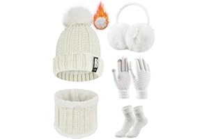 Tuopuda Ensemble Bonnet Écharpe de Doublure Polaire Gants 5 Pièces Tricotés Ensemble de Ski d’Hiver de Femmes Beanie Foulards Cache-Oreilles Chaussettes