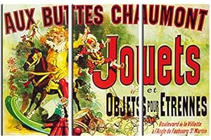 1art1 Vintage Poster Impression Sur Toile Aux Buttes Chaumont, Jouets Et Objets Pour Étrennes, Jules Cheret, 1885, 3 Parties Affiche Murale XXL Encadrée | Tendue Sur Cadre En Bois | Tableau 180x120 cm