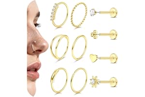 Morfetto 10 Piezas Piercing Nariz Acero Quirurgico 316L Oro Plata Hipoalergénico Pendientes Nariz Aro y Clavos Planos Threadless Piercing Tragus Helix Labret Labio Nostril Septum Mujer Hombre 20G/18G
