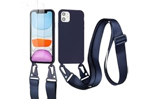vrupin kompatibel mit iphone 11 Handykette Hülle,[2 Stück Schutzfolie 9H Härte Gehärtete Folie].Necklace Hülle Nylon Schultergurt Weich Flüssiges Silikon-Navy blau