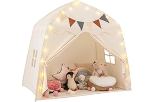 COSTWAY Domek do zabawy dla dzieci, namiot dziecięcy z flagami i łańcuchami świetlnymi, namiot do zabawy księżniczki, duży namiot do pokoju dziecięcego dla chłopców i dziewczynek od 3 lat, 157 x 98 x