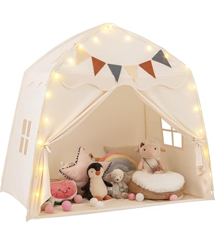 COSTWAY Spielhaus Kinder Indoor, Kinderzelt mit Flaggen & Lichterketten, Prinzessin Spielzelt, Großes Zelt Kinderzimmer für Jungen und Mädchen ab 3 Jahren, 157 x 98 x 148 cm (Beige