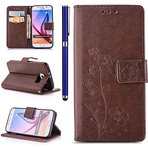 FESELE Blume Lederhülle für [Samsung Galaxy S6] Ledertasche Handytasche Lanyard Brieftasche Hülle, Samsung Galaxy S6 Prägung Blume Rebe Muster Strap Leder Flip Case Schutztasche Klappetui Schlanke Hülle Magnetverschluss Wallet Cover Kartenfach und Ständer Standfunktion für Samsung Galaxy S6 + Blau Eingabestift-Blatt Blume,Braun
