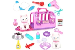 Jouet de Soins pour Animaux de Compagnie Ensemble de 16 pièces Cage Soins pour Animaux de Compagnie Cosplay Chat Alimentation beauté Kit vétérinaire Jouet éducatif pour Enfants 3 4 5 6 7 8 Ans