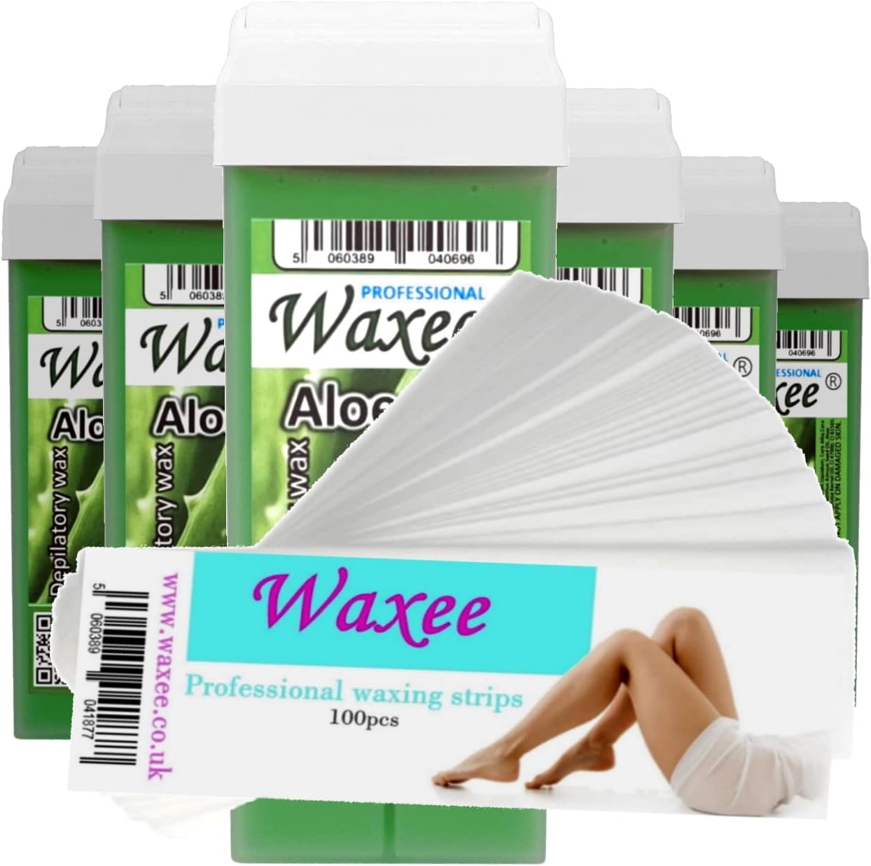 6x 100ml roll on wax, roller wax cartridge Aloe + 100 strips Body & Leg waxing, from UK Brand- Waxee