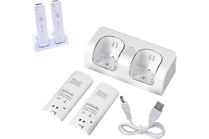 Fesatccoz 2-en-1 Station De Recharge pour Manettes Wii, Station De Recharge pour Deux Manettes, Comprend 2 Piles Rechargeables De 2800 Mah, Chargeur Automatique pour Les TéLéCommandes De Jeux Wii