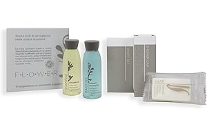 PRESENT-MORE - Set de courtoisie 40 invités Flower - Parfum Thé Vert - Contient : Shampoing, Gel Douche, Savon, Bonnet et Vanity - Pour Hôtel et B & B