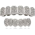 THE WHITE SHOP Electroplated silver upper and lower teeth Plated silver Grills Teeth Grillz for Men Women Iced Out Hip Hop Poker Diamond Top & Bottom Face Grills for Teeth Rapper Costume (silver)