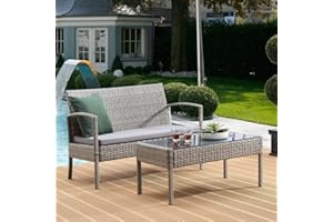 TMEE Grey Rattan Garden Furniture Set 2 Pieces Patio Outdoor Wicker Sofa Bench with Glass Coffee Table for Poolside Backyard Balcony