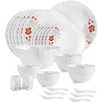 CELLO Scarlet Bliss Dazzle Series Opalware Dinner Set of 35 Pieces for Family of 6 | Bone-Ash Free & Leadfree Opal Glass, Microwave & Dishwasher Safe,