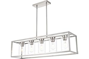 ‎A1A9 A1A9 Bauernhaus-Kronleuchter für Kücheninsel, gebürstetem Nickel Esszimmer Beleuchtung, moderne rechteckige Pendelleuchten Kronleuchter mit klarem Glas Schatten (Nickel, 5-Licht)