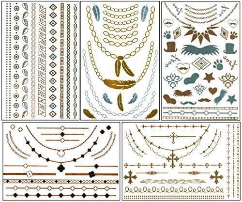 ChicTats Metallic Gold &amp; Silver Temporary Flash Tattoos 5-Sheet Pack - What you see in the main image is what you will get - Bling Body Art &amp; Jewelry for Women &amp; Girls - Waterproof Fashionable Body Makeup / Stickers