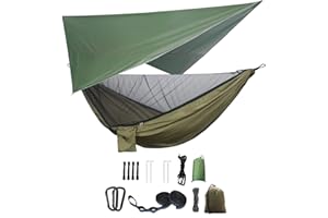 YCD Camping Hängematten Set, Einzel Doppel Hängematte, Moskitonetz, Insektennetz, Regenfliege, hochfestes Fallschirm Stoff Hängebett. Geeignet für Outdoor, Wandern, Camping, Reisen (Armeegrün)