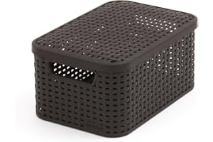 CURVER, CURVER 205839, Cesta con Tapa con Efecto Mimbre (tamaño pequeño, Polipropileno), Color marrón, 8 L