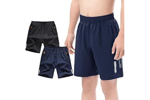 Jamron Niños Pack de 2 Pantalones Cortos de Deporte de Running con Bolsillos con Cremallera y Banda Reflectante para 4-13 Años
