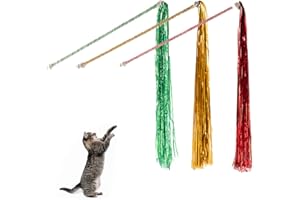 SEGXN 3 Pcs Sparkly Tassel Cat Teaser Wand with Bells - Fun Interactive Indoor Cat Toy for Kitten Hunting Exercise & Play(Red+Green+Gold)