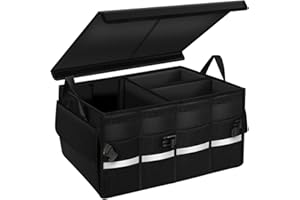 Beicarin Kofferraumtasche Kofferraum Organizer mit Deckel Auto Box Auto Organizer Tasche Wasserdicht Rutschfest Zusammenklappbarer mit Griffe Reflexstreifen, Size 51x34x27cm