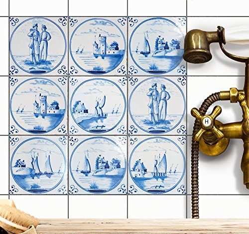 Fliesensticker Mosaikfliesen für Küche u. Bad Deko | Selbstklebende Fliesenbilder - Dekorative Fliesenfolie für Küchenrückwand und Fliesenspiegel | 10x10 cm - Motiv Holländische Fliese - 9 Stück