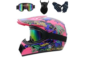 HKFBHFKM Full Face MTB Helmet, Adult Motorcycle Crash Helmet for Dirt Bike MX Quad Enduro Racing, with Goggles Mask Gloves, Pink, M (54-55cm)