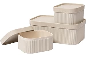 LA JOLÍE MUSE LA JOLIE MUSE Boîtes de Rangement avec Couvercles Set de 3 Conteneurs de Rangement Décoratifs, Organiser Boîte de Rangement Empilable & Plateau en Cuir Vegan, Beige
