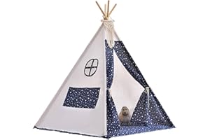 JACKFRU Tente tipi, 120 x 120 x 160 cm, avec boule de feutre, pour l'intérieur, plusieurs couleurs, en toile, tente de lecture et salle de jeux, tente pour enfant (étoile)