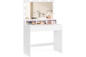 VASAGLE KAILYN Collection - Sminkbord, stor LED-spegel med justerbar ljusstyrka, sminkbord, 2 lådor och 3 fack, skönhetshörna, modern stil, molnvit RDT120T10